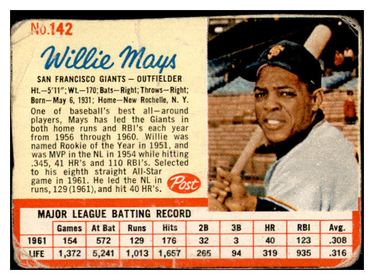 1962 Post Baseball #142 Willie Mays Giants FR-GD 536465