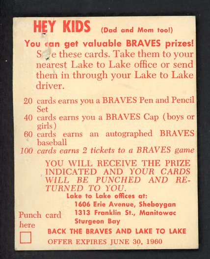 1960 Lake To Lake Bill Bruton Braves GD-VG staple holes 536623
