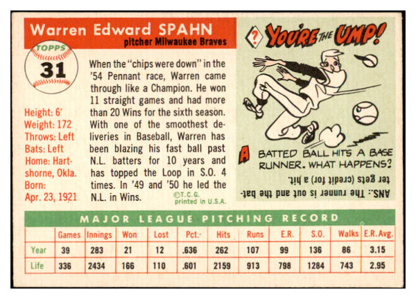1955 Topps Baseball #031 Warren Spahn Braves EX-MT 536790
