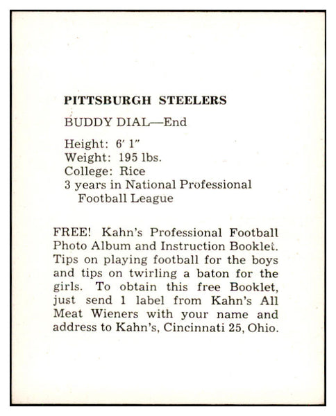 1961 Kahns Football Buddy Dial Steelers NR-MT 537179