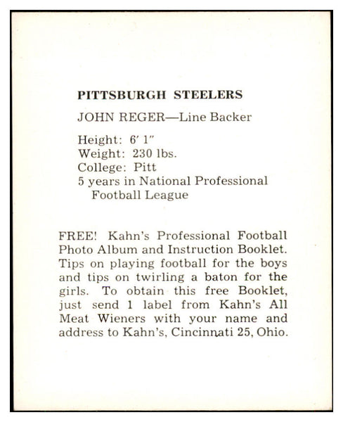 1961 Kahns Football John Reger Steelers NR-MT 537189