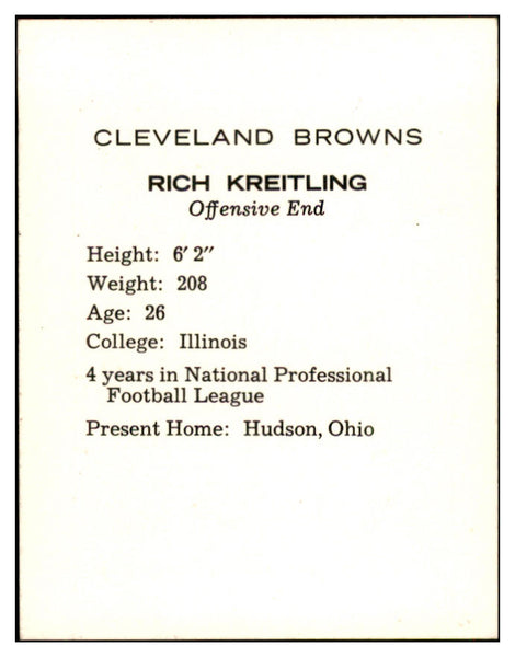 1962 Kahns Football Rich Kreitling Browns NR-MT 537200