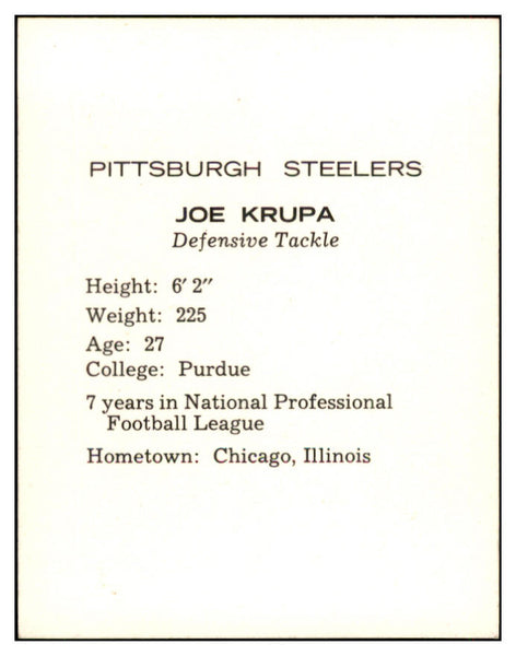 1962 Kahns Football Joe Krupa Steelers NR-MT 537201