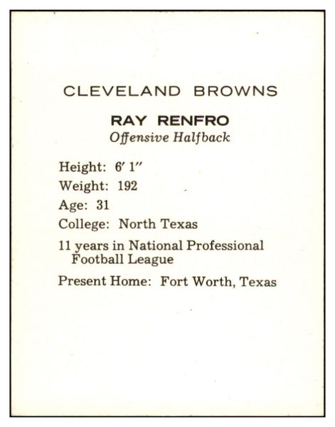 1962 Kahns Football Ray Renfro Browns NR-MT 537214