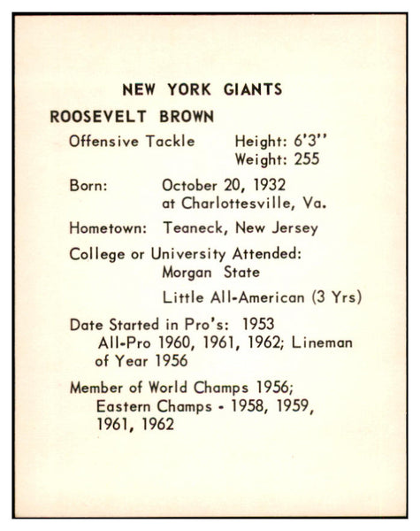 1963 Kahns Football Roosevelt Brown Giants NR-MT 537222