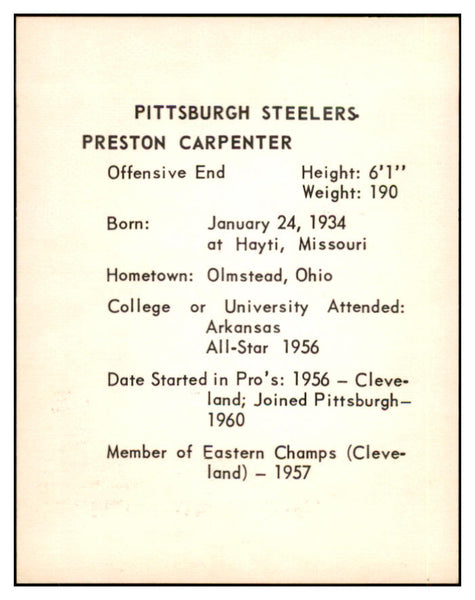 1963 Kahns Football Preston Carpenter Steelers NR-MT 537223
