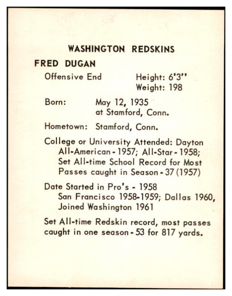 1963 Kahns Football Fred Dugan Washington NR-MT 537228