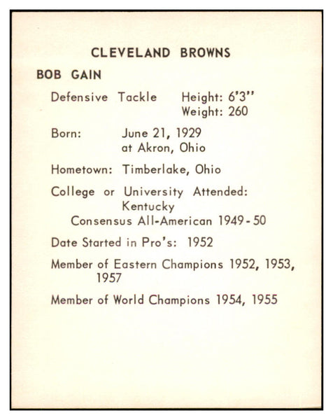 1963 Kahns Football Bob Gain Browns NR-MT 537230