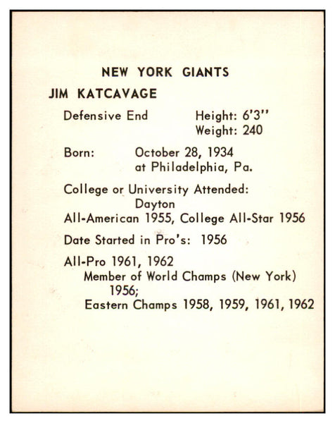 1963 Kahns Football Jim Katcavage Giants NR-MT 537238