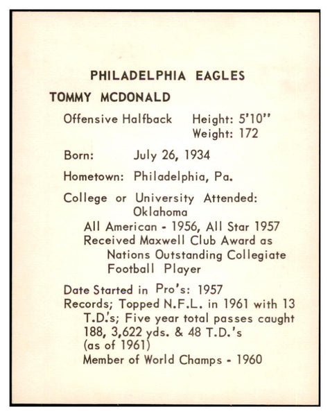 1963 Kahns Football Tommy McDonald Eagles NR-MT 537245
