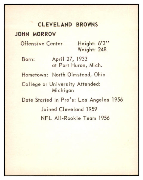 1963 Kahns Football John Morrow Browns NR-MT 537248