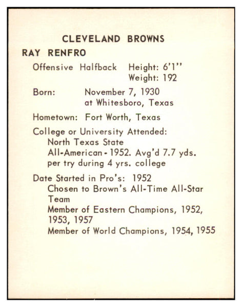 1963 Kahns Football Ray Renfro Browns NR-MT 537256