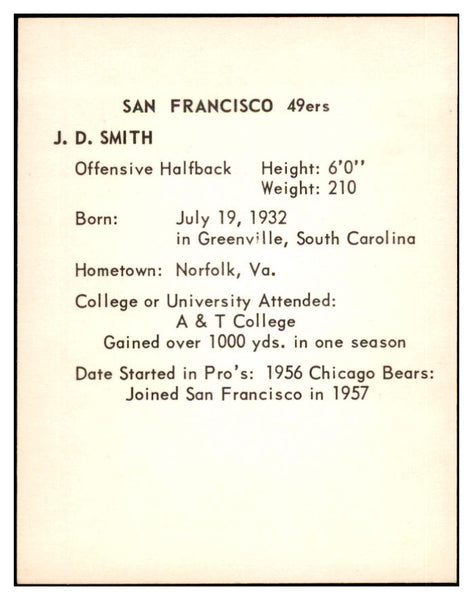 1963 Kahns Football J.D. Smith 49ers NR-MT 537262