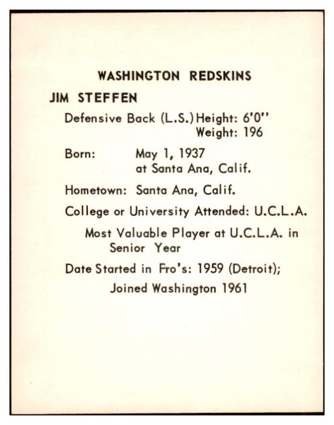 1963 Kahns Football Jim Steffen Washington NR-MT 537265