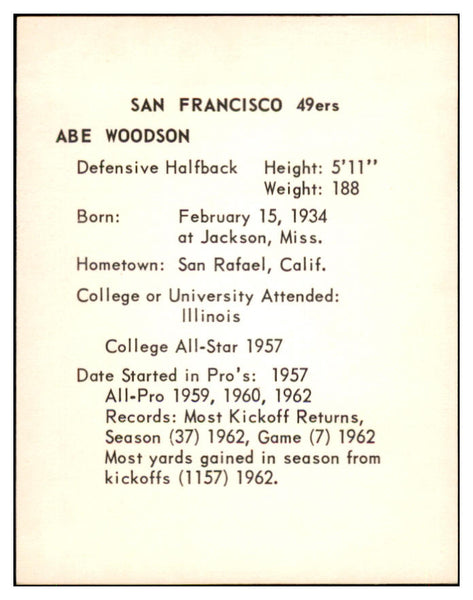 1963 Kahns Football Abe Woodson 49ers NR-MT 537272