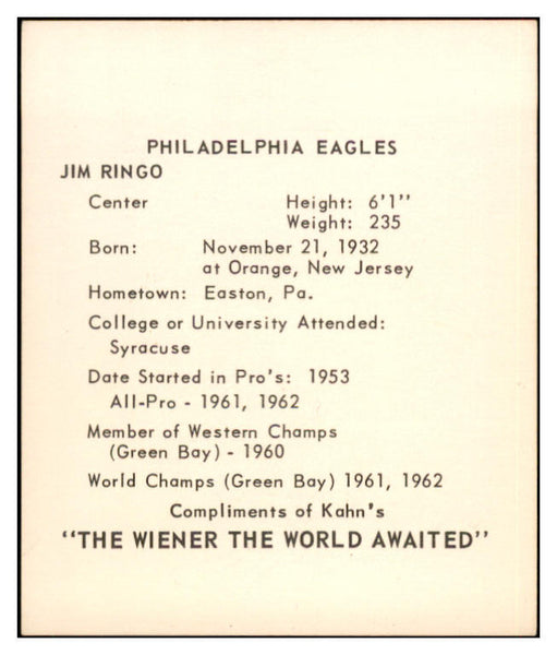 1964 Kahns Football Jim Ringo Eagles NR-MT 537285