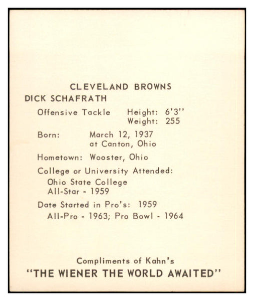 1964 Kahns Football Dick Schafrath Browns NR-MT 537287