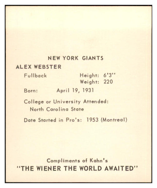 1964 Kahns Football Alex Webster Giants NR-MT 537294