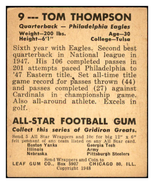 1948 Leaf Football #009 Tom Thompson Eagles EX 537305