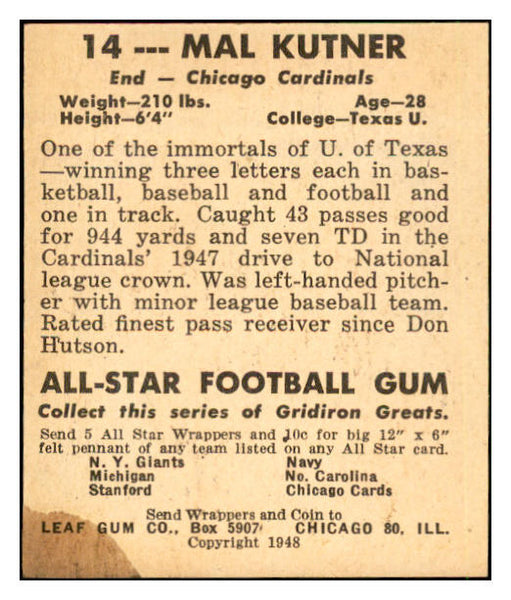 1948 Leaf Football #014 Mal Kutner Cardinals VG 537324