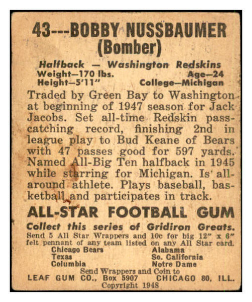 1948 Leaf Football #043 Bobby Nussbaumer Washington GD-VG 537325