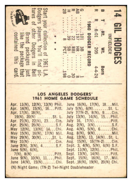1961 Bell Brand #014 Gil Hodges Dodgers VG-EX 537363