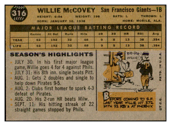 1960 Topps Baseball #316 Willie McCovey Giants VG-EX 537380