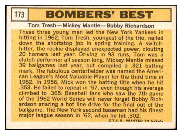 1963 Topps Baseball #173 Mickey Mantle Bobby Richardson EX-MT 537391