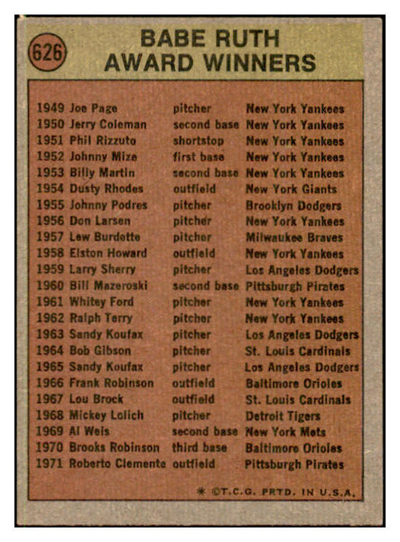 1972 Topps Baseball #626 Babe Ruth Award VG-EX 537457