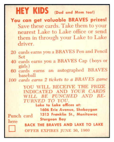 1960 Lake To Lake Red Schoendienst Braves NR-MT 537482