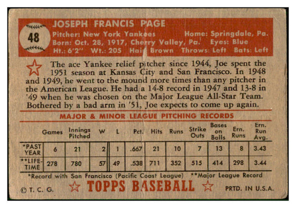 1952 Topps Baseball #048 Joe Page Yankees Fair Red 537497