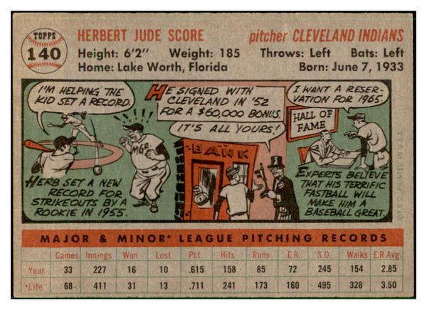 1956 Topps Baseball #140 Herb Score Indians EX-MT Gray 537502