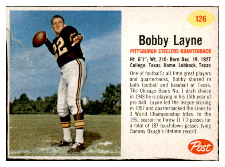 1962 Post Football #126 Bobby Layne Steelers Fair 537518
