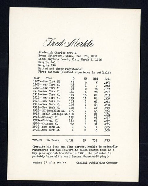 1974 Capital Publishing #037 Fred Merkle Giants NR-MT 537618