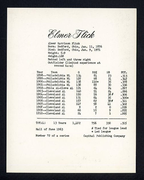 1974 Capital Publishing #072 Elmer Flick Indians NR-MT 537639