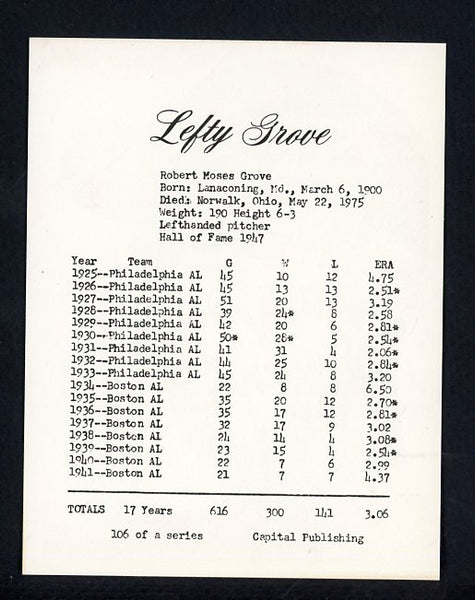 1974 Capital Publishing #106 Lefty Grove A's NR-MT 537670