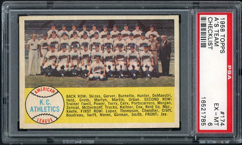 1958 Topps Baseball #174 Kansas City A's Team PSA 6 EX-MT 538107