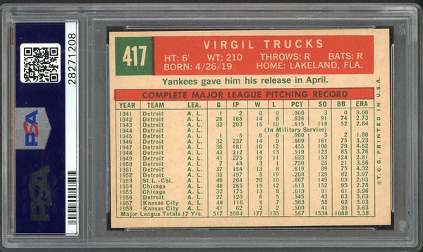 1959 Topps Baseball #417 Virgil Trucks Yankees PSA 8 NM/MT 538267