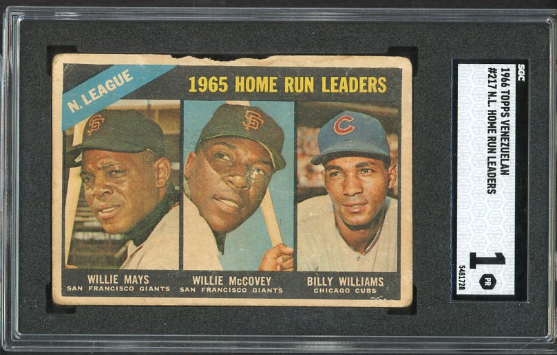 1966 Topps Venezuelan #217 N.L. Home Run Leaders Willie Mays SGC 1 PR 538325
