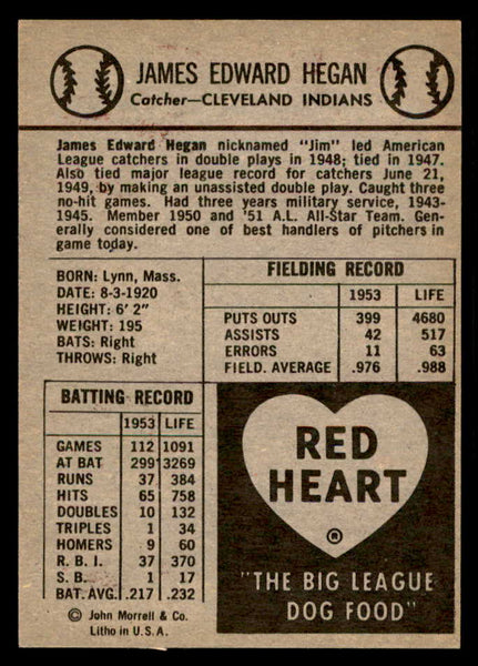 1954 Red Heart Jim Hegan Indians NR-MT 538465