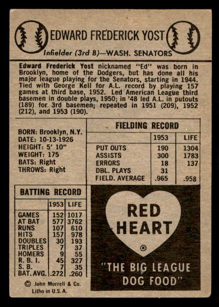 1954 Red Heart Eddie Yost Senators VG-EX 538466