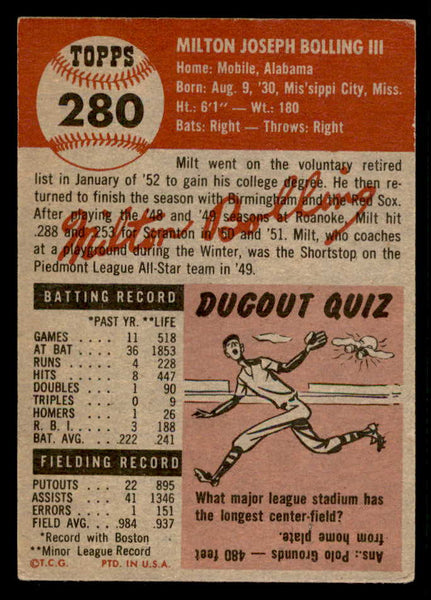 1953 Topps Baseball #280 Milt Bolling Red Sox VG-EX 538470
