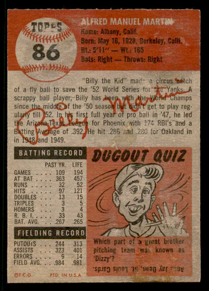 1953 Topps Baseball #086 Billy Martin Yankees EX-MT residue back 538492