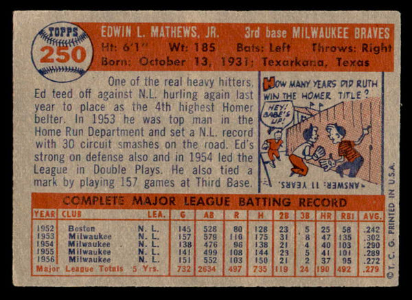 1957 Topps Baseball #250 Eddie Mathews Braves VG-EX 538771