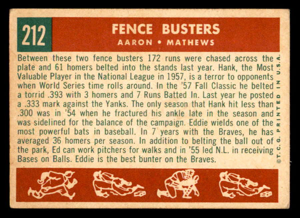 1959 Topps Baseball #212 Hank Aaron Eddie Mathews VG-EX 538817