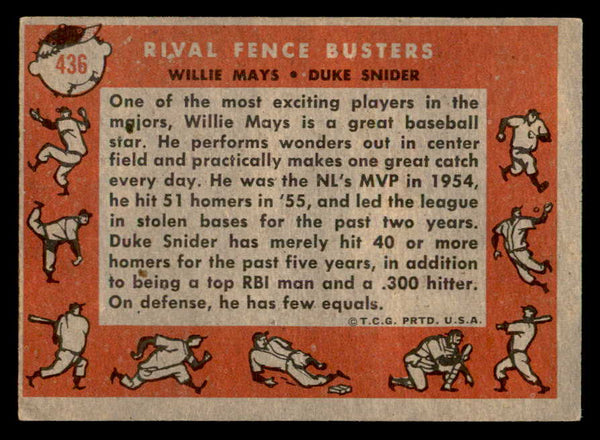 1958 Topps Baseball #436 Willie Mays Duke Snider VG-EX 538829