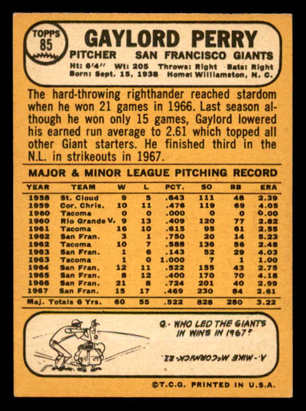 1968 Topps Baseball #085 Gaylord Perry Giants EX-MT 538917