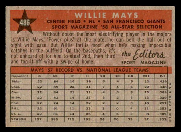 1958 Topps Baseball #486 Willie Mays A.S. Giants EX-MT 538960