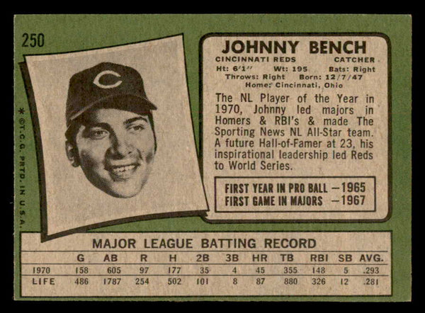 1971 Topps Baseball #250 Johnny Bench Reds EX-MT 538985