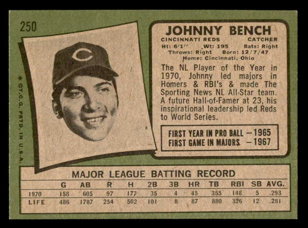 1971 Topps Baseball #250 Johnny Bench Reds EX-MT 538986